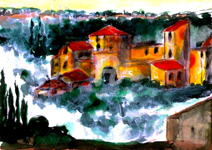 Painting titled "Fog in the Mountains" by Nicole Cecil B, Original Artwork, Watercolor