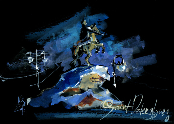 "St. Petersburg" Cityscape with monument on black background Schilderij, 8,3x11,6 in