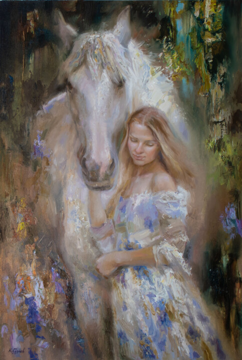 Painting titled "Девушка с белым кон…" by Kostiantyn Hudaiev, Original Artwork, Oil