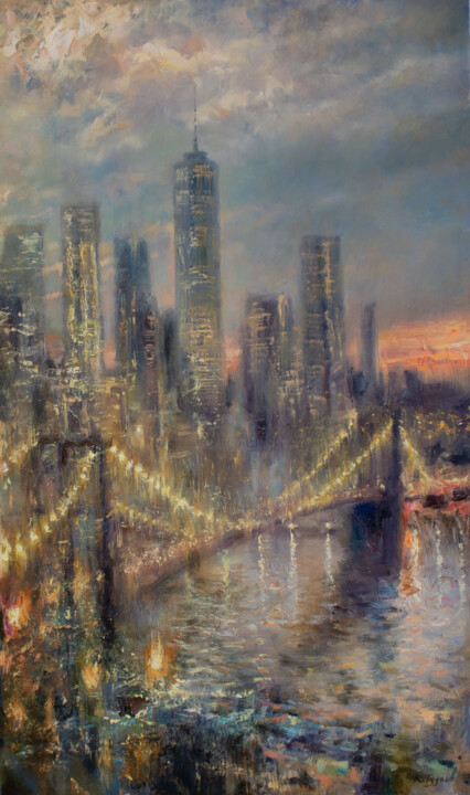 Painting titled "Вечерний мост в огн…" by Kostiantyn Hudaiev, Original Artwork, Oil