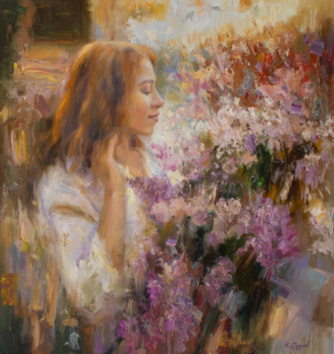 Painting titled "Девушка с серенью" by Kostiantyn Hudaiev, Original Artwork, Oil