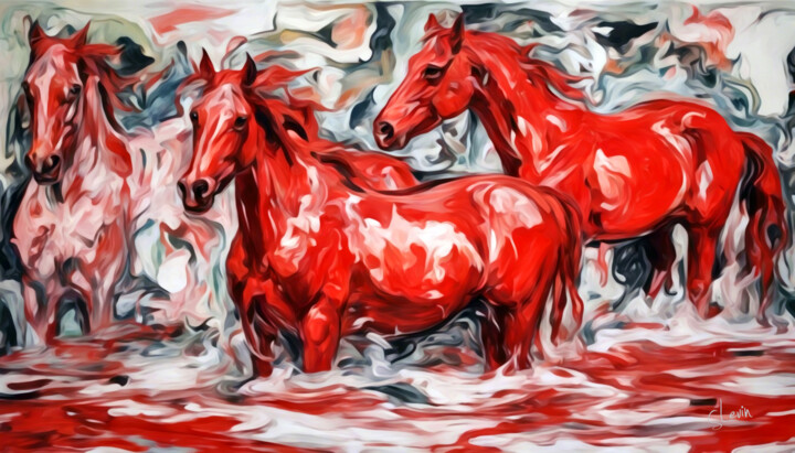 bathing red horses 数字艺术