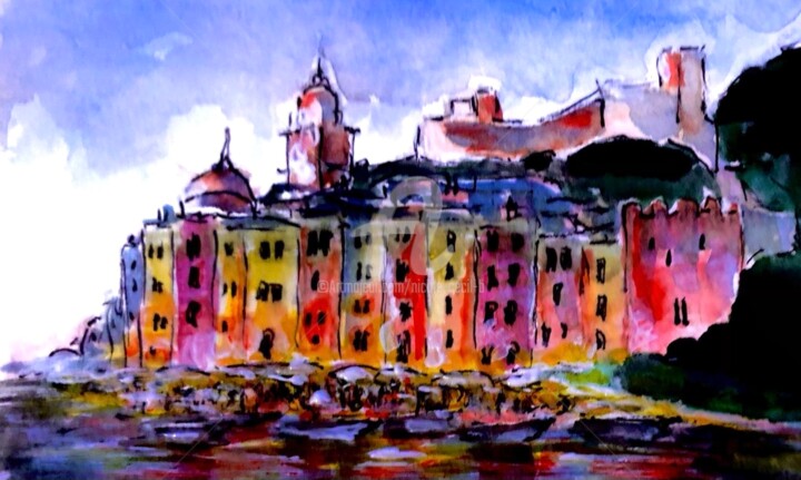 Painting titled "Evening in Porto Ve…" by Nicole Cecil B, Original Artwork, Watercolor