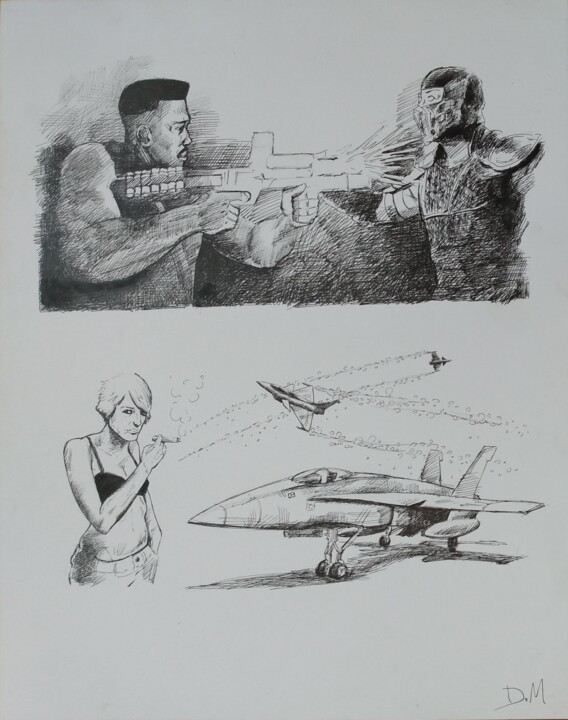 图画 标题为“Ice cold gun (MK sk…” 由Déryck Maindron, 原创艺术品, 墨