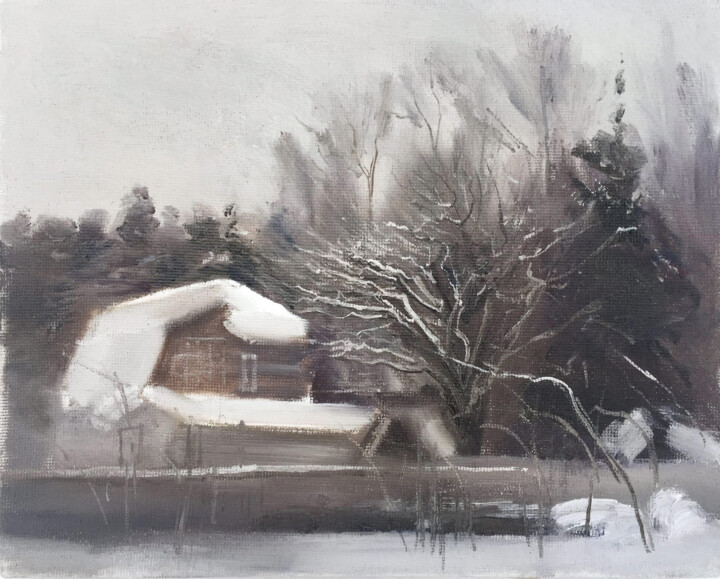 Pintura intitulada "Зимний пейзаж" por Igor Masin, Obras de arte originais, Óleo Montado em Outro painel rígido