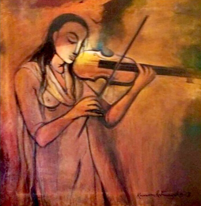 「Young Violinist」というタイトルの絵画 Kumara Rathnayakaによって, オリジナルのアートワーク, アクリル ウッドストレッチャーフレームにマウント