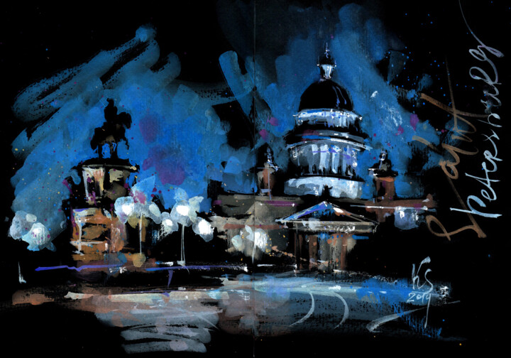 "St. Petersburg. Lights of the night city" - city landscape Pittura, 11,6x16,5 in