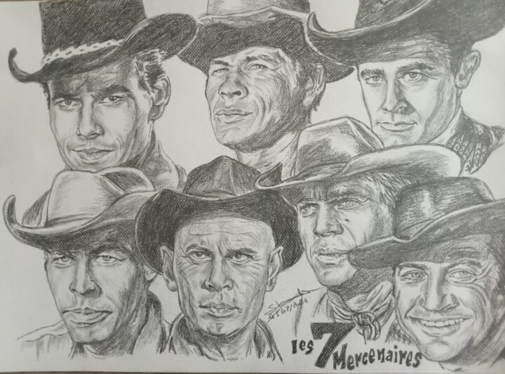 Représentation des acteurs du film Les 7 Mercenaires réalisé 图画, 11.7x16.5 in