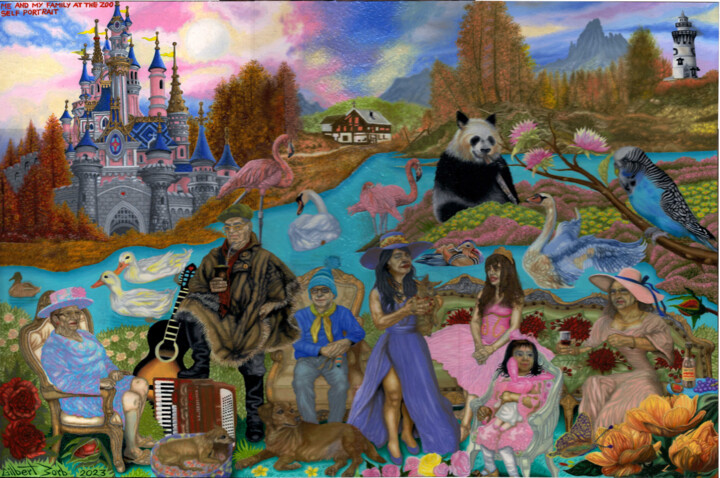 Self-portrait of the painter with his family at the zoo. 绘画, 15.8x23.6 in