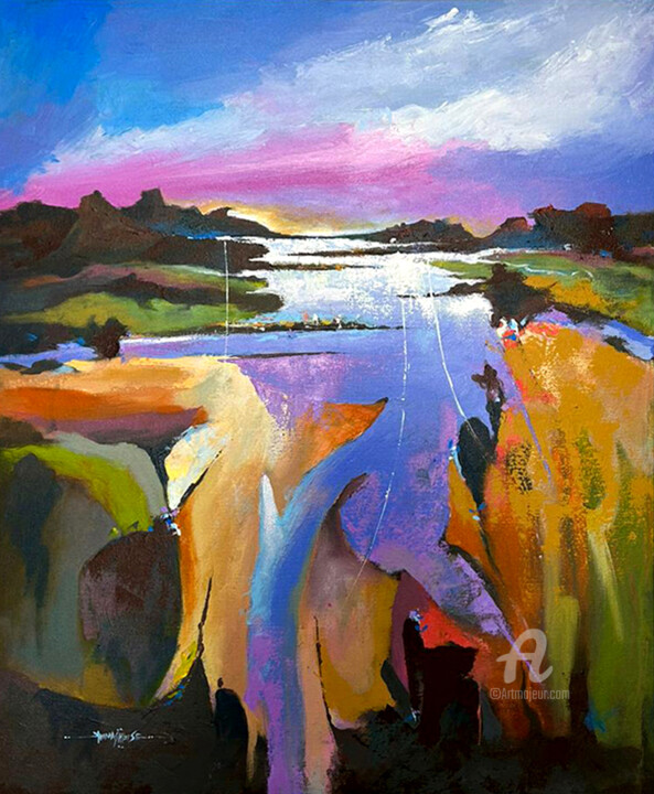 「Riverside Reflection」というタイトルの絵画 Avinash Piseによって, オリジナルのアートワーク, アクリル