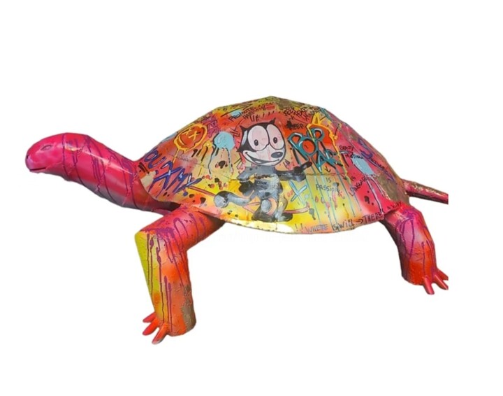 Sculptuur getiteld "Popart Turtel Métal" door Art Hugo, Origineel Kunstwerk, Acryl