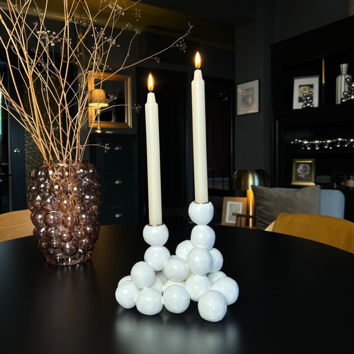 Arty White Candleholder "Textures Pearls" for 2 Candles Sphe 设计, 6.5x7.6 in