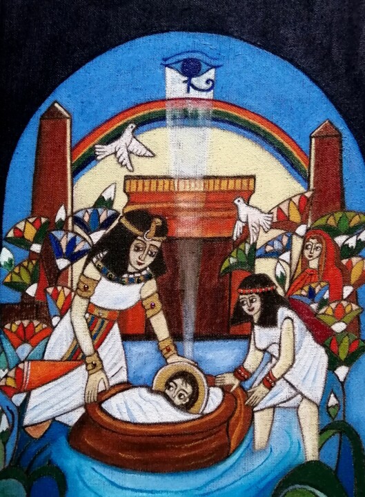 Peinture intitulée "Moïse sauvé des eaux" par Laure Barlet, Œuvre d'art originale, Huile