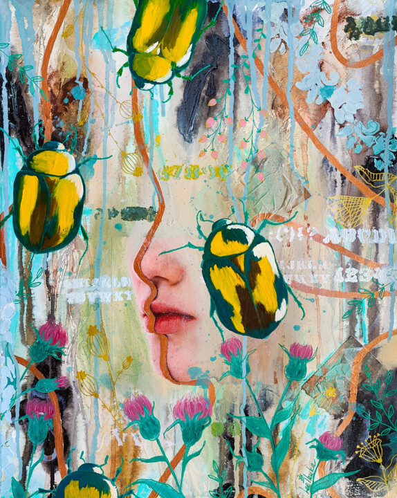 Beetle - scarab - abstract, insects, girl, green, flowers 绘画, 18.9x15 in