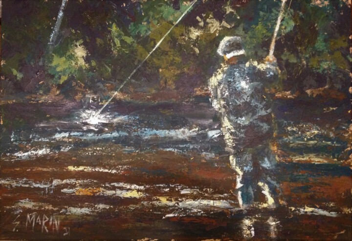 Painting titled "fish on" by Serge Marin, Original Artwork, Acrylic Mounted on Other rigid panel