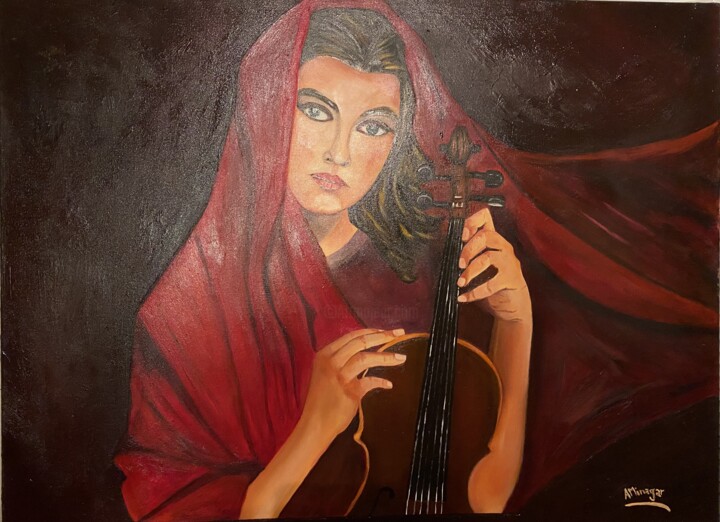 The lady with red scarf and violin 绘画, 30x40 in
