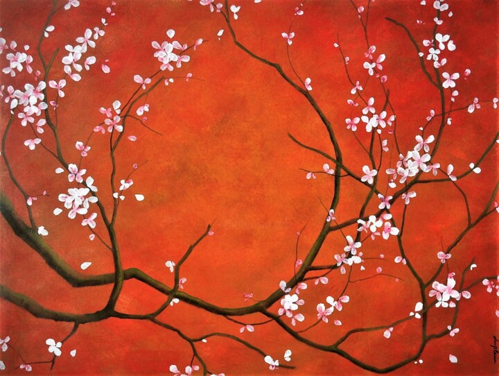Painting titled ""Crépuscule Sakura"" by Sophie Duplain, Original Artwork, Acrylic Mounted on Wood Stretcher frame