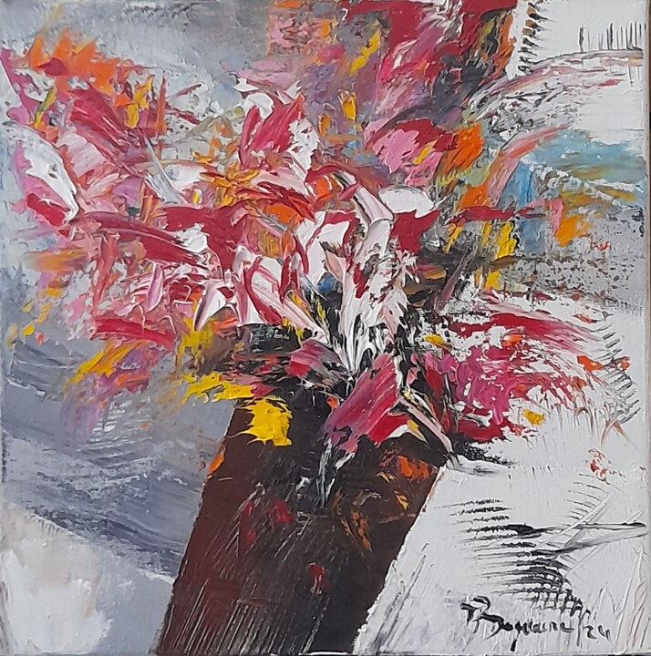 Bouquet artificiel dans un vase brun 绘画, 9.8x9.8 in