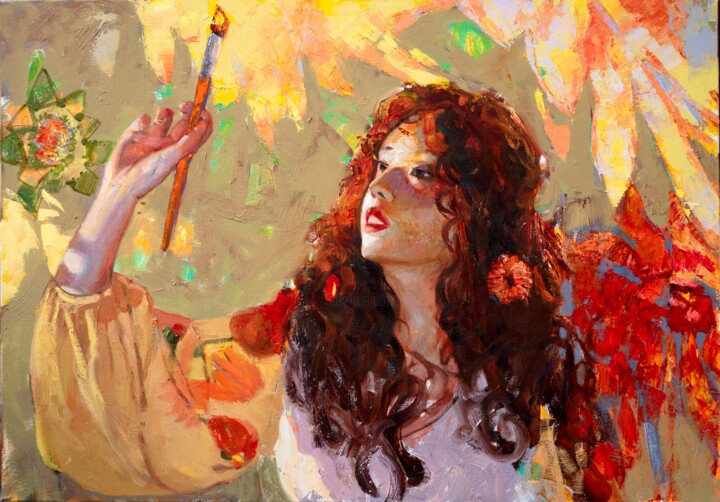 Sunflower Girl 绘画, 27.6x39.4 in