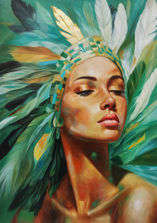 Mysterious Beauty with a Feather Crown 绘画, 39.4x27.6 in
