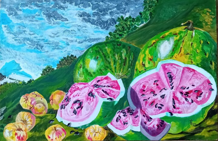 Pastèques et pommes dans un paysage Copie (JE Meléndez) 绘画, 12x18 in