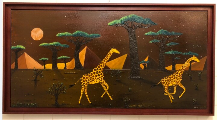Girafes et lune rousse ( Girafogalo 2 ) 绘画, 19.9x40 in
