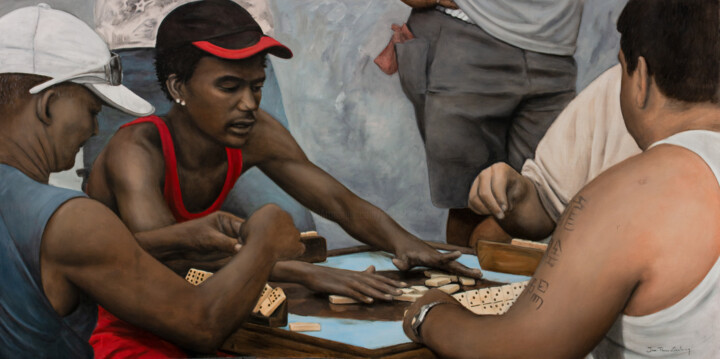 Painting titled "Dominos" by Jean-Pierre André Leclercq, Original Artwork, Oil Mounted on Wood Stretcher frame