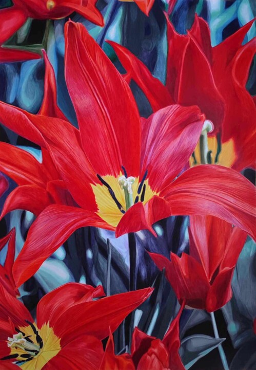 Red tulips field 图画, 39.4x27.6 in