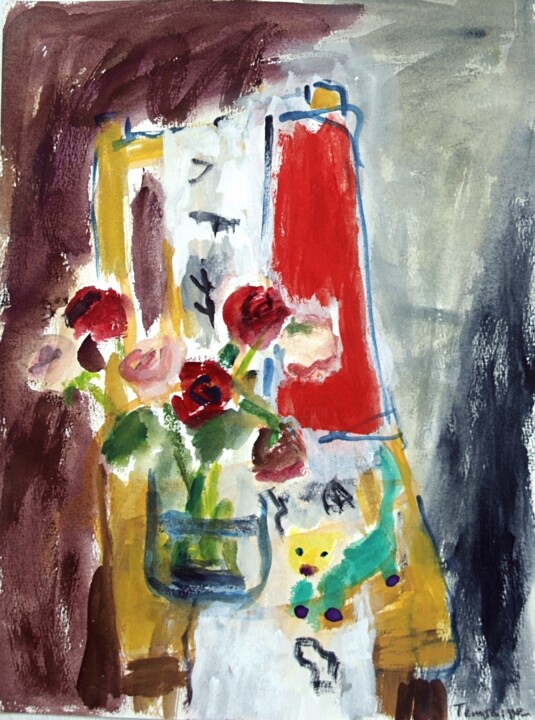 Red and pink roses with a cat 绘画, 14.2x10.6 in