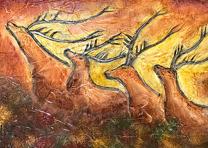La traversée des cerfs. 绘画, 13x18.1 in
