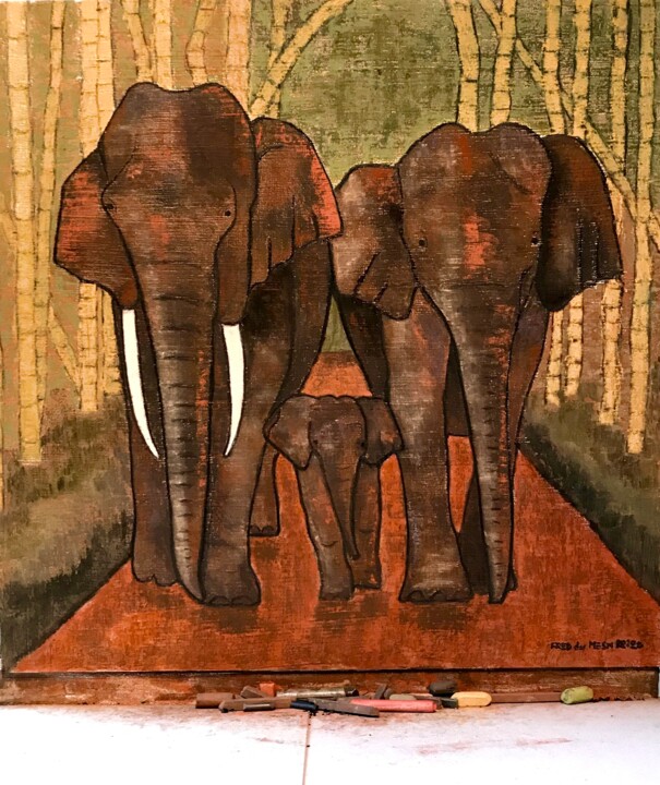 Éléphants 绘画, 17.7x15.8 in