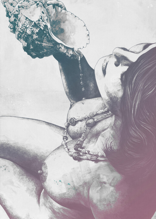 Cracked Pleasures pink aqua | nude woman with shell 数字艺术