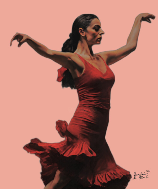 Painting titled "Flamenco Dancer Luc…" by Queennoble, Original Artwork, Acrylic Mounted on Wood Panel