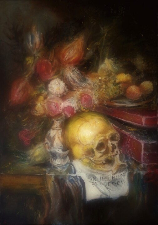 Vanité avec Un Vase à Fleurs et une Assiette de Fruits 绘画, 24x17.3 in