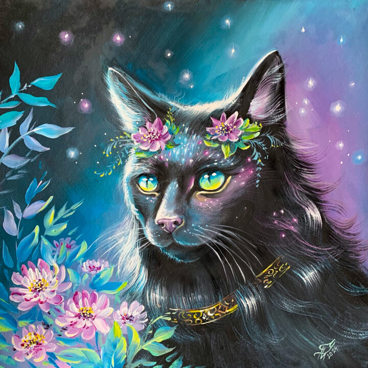 Black cat and flowers 绘画, 11.8x11.8 in