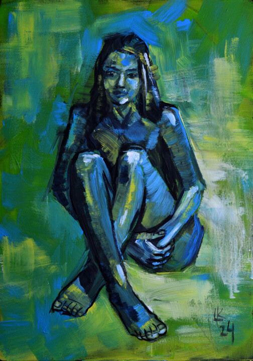 Young Black Woman On A Green Background 绘画, 27.6x19.7 in