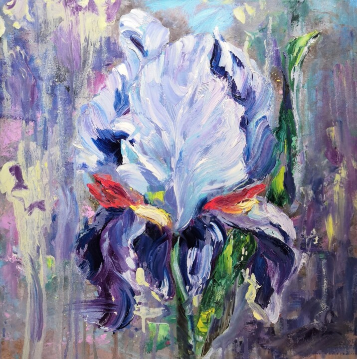 Iris in purple, Flowers Original Wall Art Oil Painting 绘画, 19.7x19.7 in