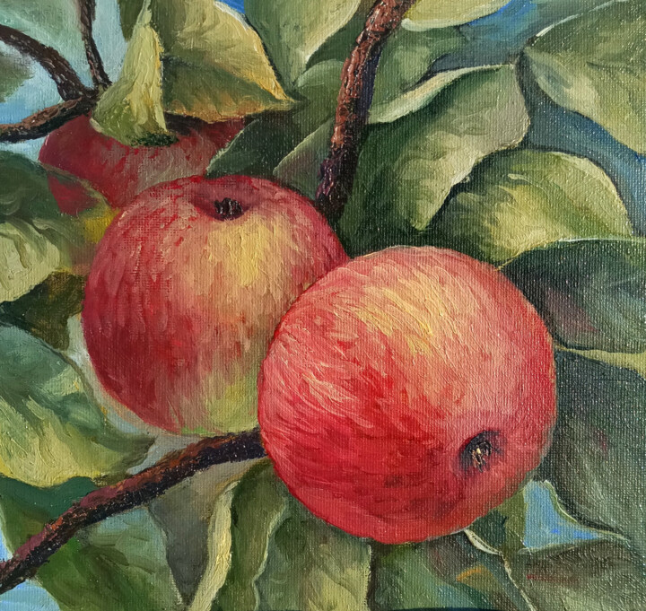 Power of attraction. Red apple tree still life nature 绘画, 7.9x7.9 in