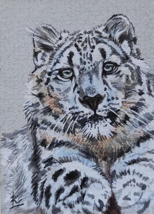 Mini Original Painting "Snow Leopard" 绘画, 3.5x2.5 in
