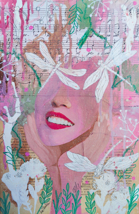 Flight of dragonflies - abstract, pink, girl, botany, music 绘画, 11.8x7.9 in