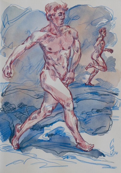 Drawing titled "Running to the sea" by Sergey Sovkov, Original Artwork, Conté
