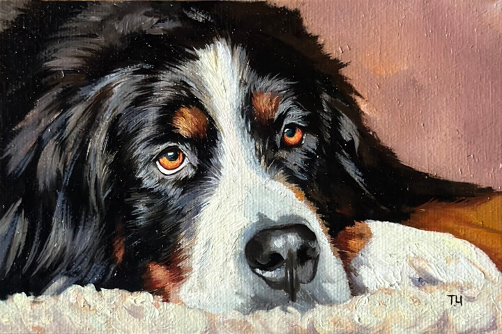 Miniature «Bernese Mountain Dog» 绘画, 3.9x5.9 in