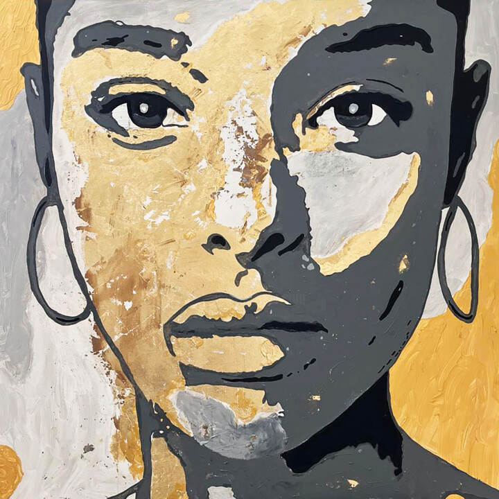 Painting titled "BLACK GIRL WITH EAR…" by Le Closier, Original Artwork, Acrylic Mounted on Wood Stretcher frame
