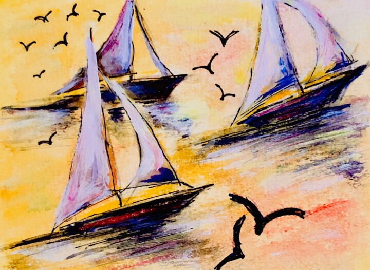 Painting titled "Boats in the Light" by Nicole Cecil B, Original Artwork, Watercolor