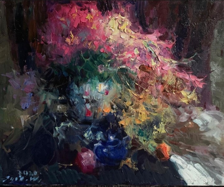 Old bottles and purple flowers Ζωγραφική, 20x24 in