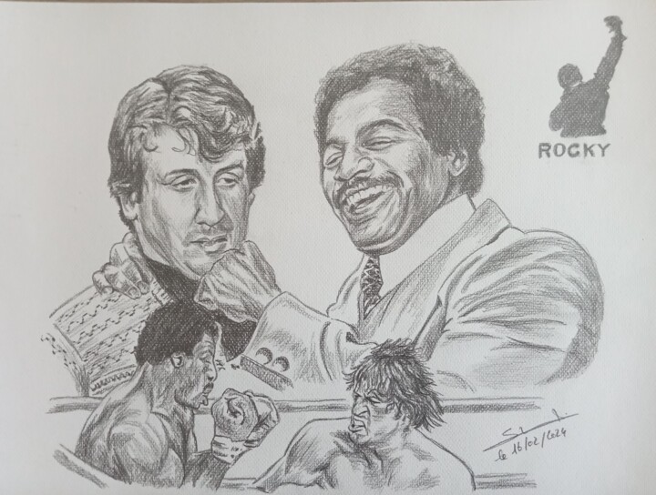 Illustration d'une scène du film Rocky 2 réalisé aux crayons 图画, 11.7x16.5 in