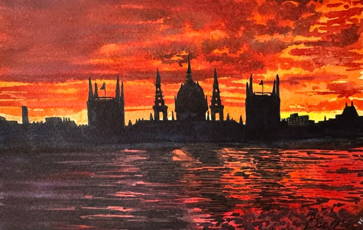 「The city at sunset」というタイトルの絵画 Valeriia Prasolによって, オリジナルのアートワーク, 水彩画