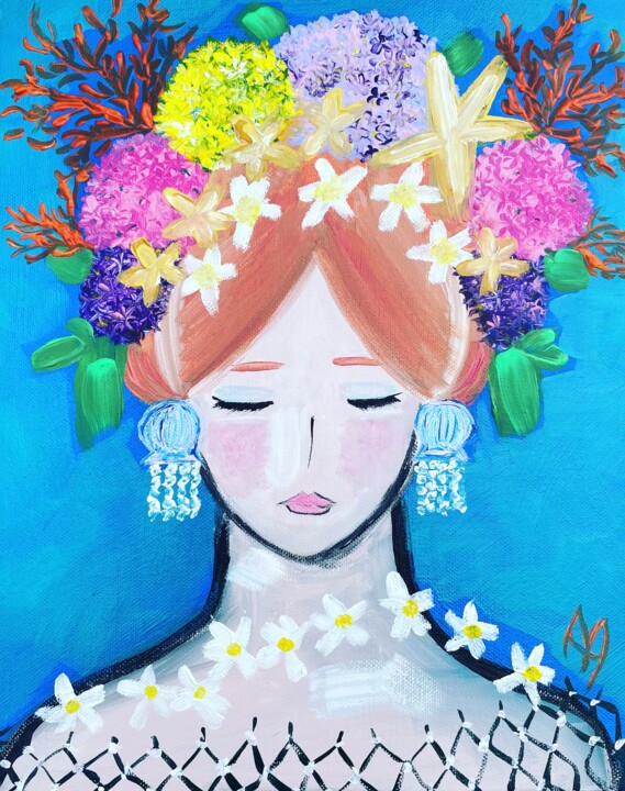 Fille et fleurs, mare 绘画, 13.8x11 in