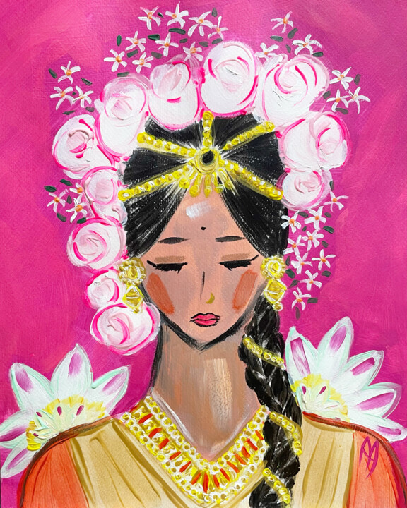 Fille et fleurs, Roja 绘画, 11.8x9.5 in