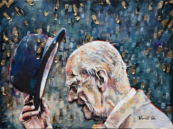 Prince Philip Mountbatten: Old Man With Hat in Gold Rain 绘画, 35.4x48 in
